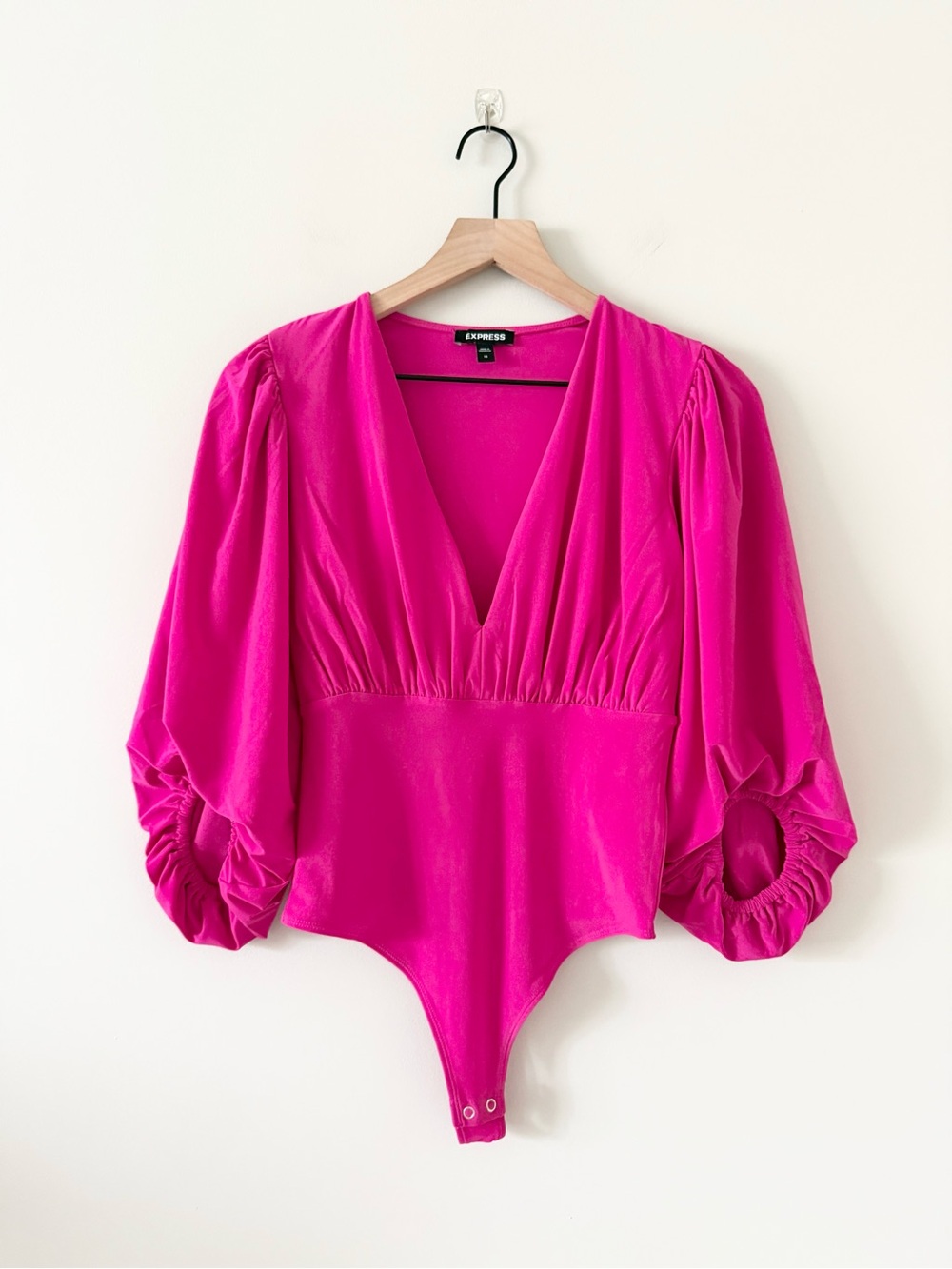 Express Hot Pink V-Neck Balloon Sleeve Bodysuit
